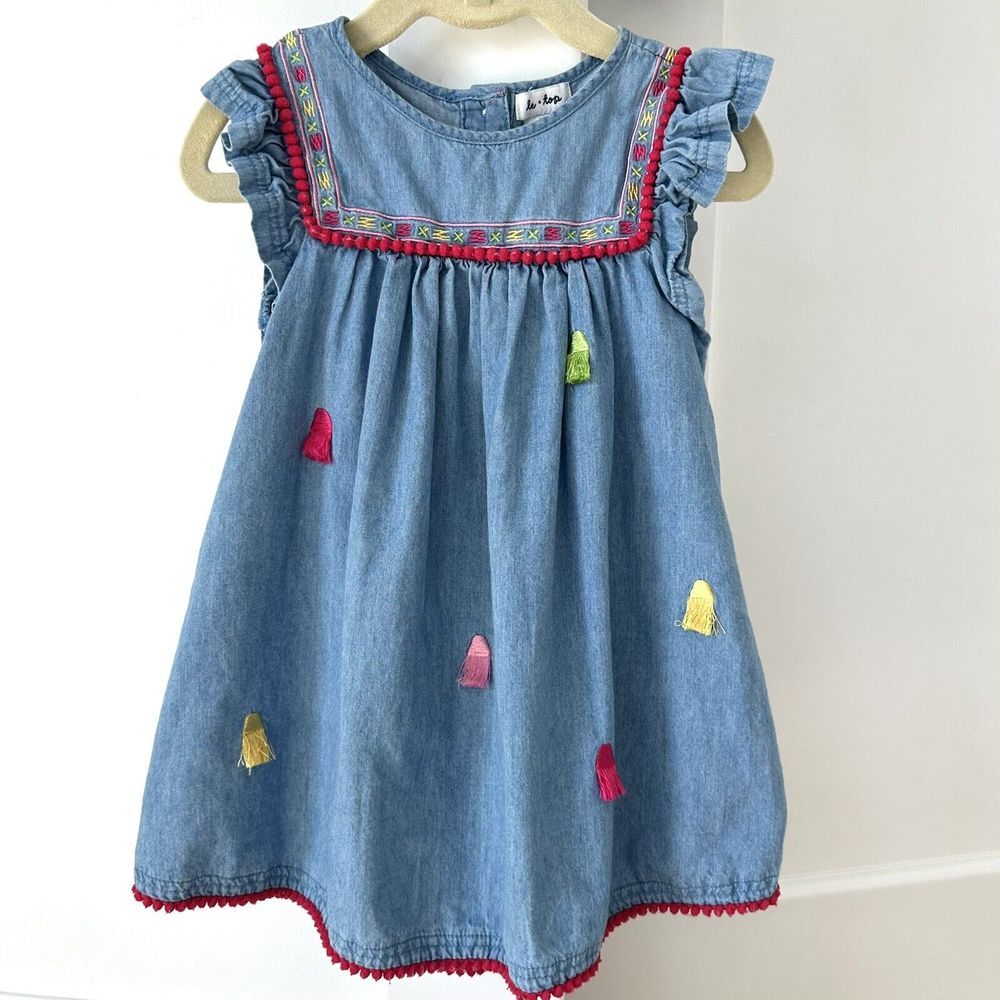 Le Top girl Chambray Pom Pom trim and tassel Dress Size 3T Blue